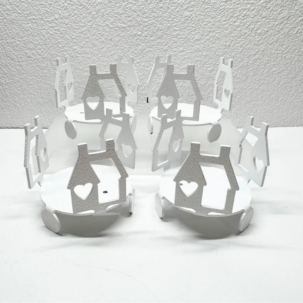 Cast Metal Cutout House Hammered Enamel Candle Holders